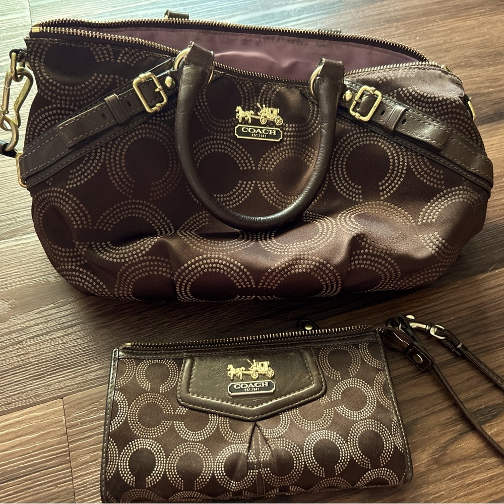 Coach Madison Sophia Dot Brown Convertible Satchel Purse and matching wallet.
